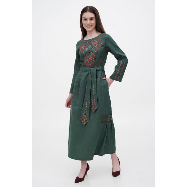 Roksana's long green linen embroidered dress