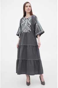 Boyana's long gray embroidered linen dress is new