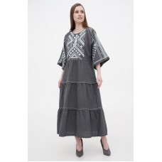 Boyana's long gray embroidered linen dress is new