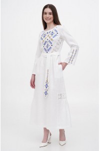 Roksana's long white linen embroidered dress