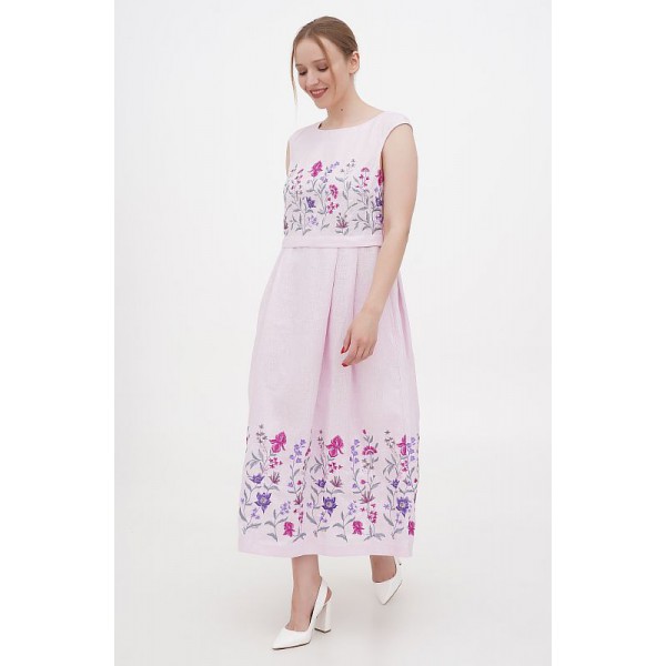 Vitalina, women's embroidered pink dress with floral ornament