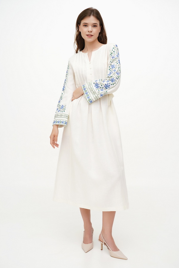 Women's dress with embroidery on the sleeves, Vlasta in milk color, 54