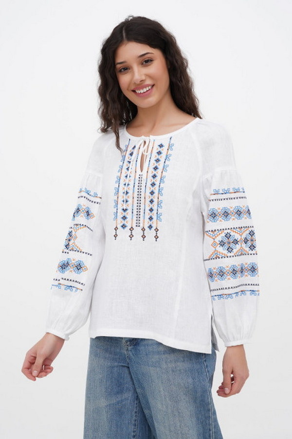 Women's white embroidered shirt with blue embroidery Swallow