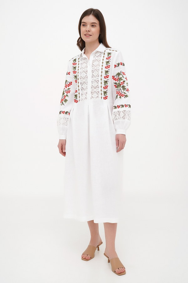 White embroidered dress with lace Kalyna festive linen dress