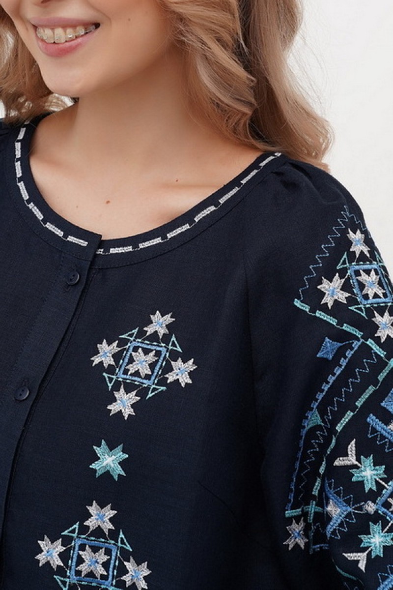 Dark blue linen embroidered blouse Alnus