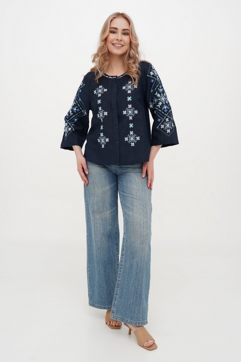 Dark blue linen embroidered blouse Alnus