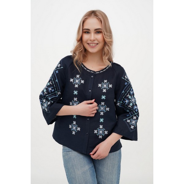 Dark blue linen embroidered blouse Alnus