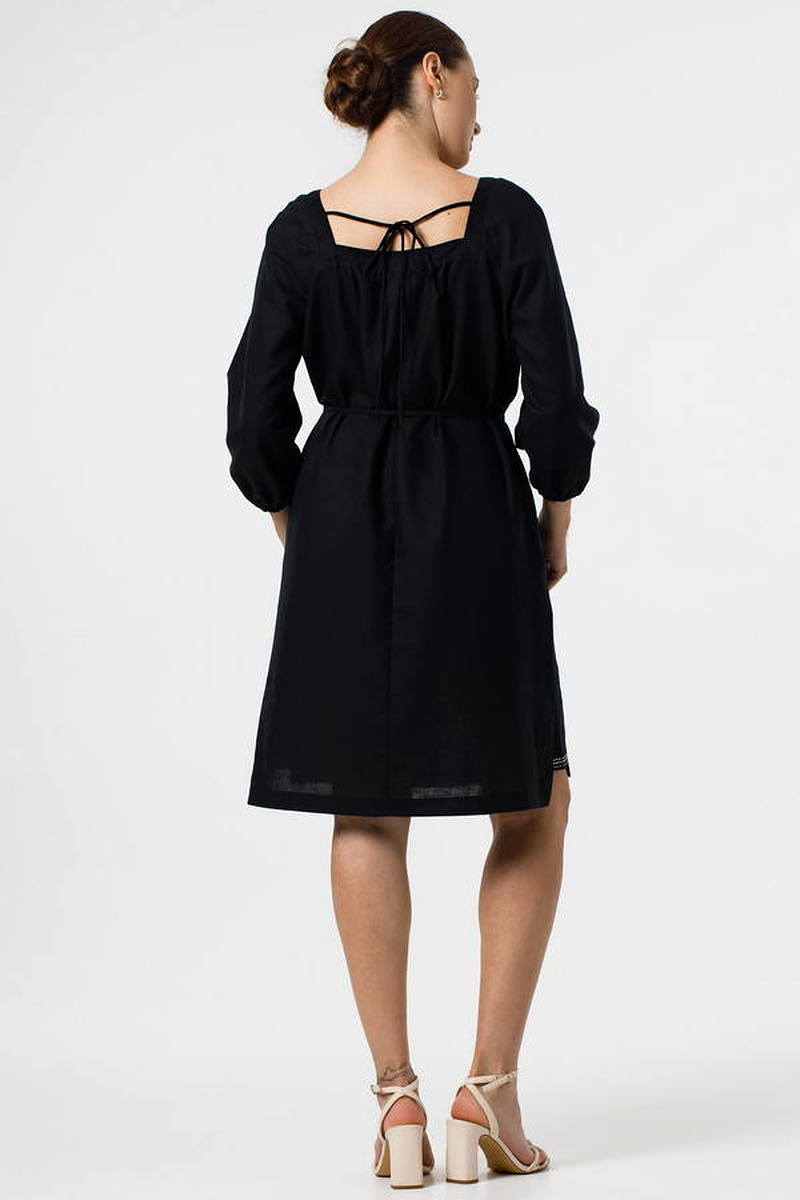 Beata black linen dress with embroidery