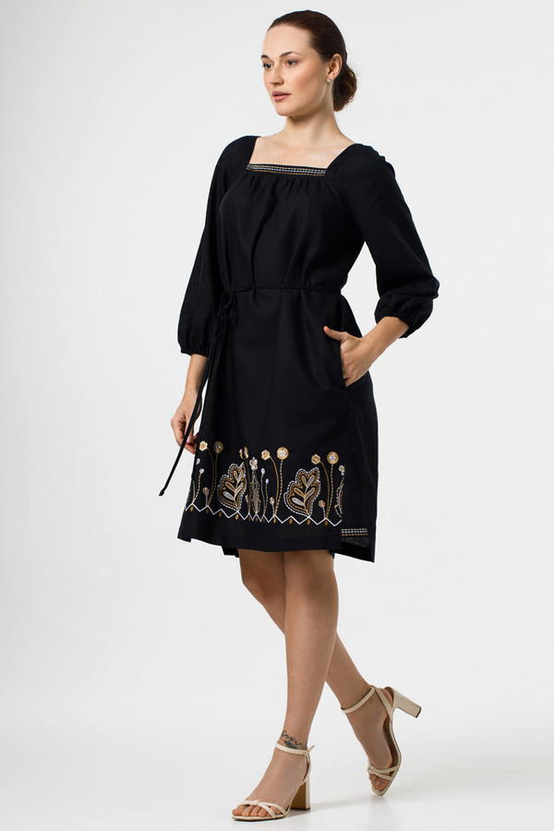 Beata black linen dress with embroidery