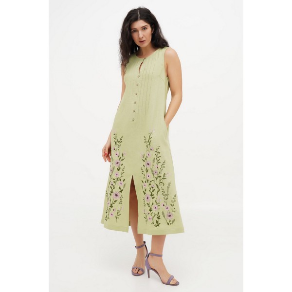 Light green embroidered dress Neia without sleeves