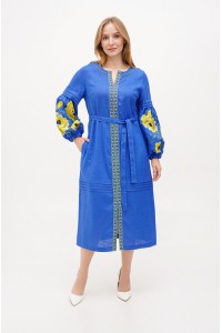 Dress linen long embroidered blue Olga