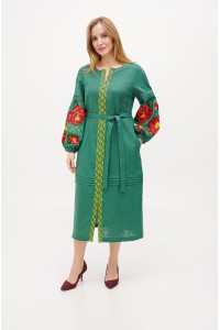 Long embroidered linen dress green Olga