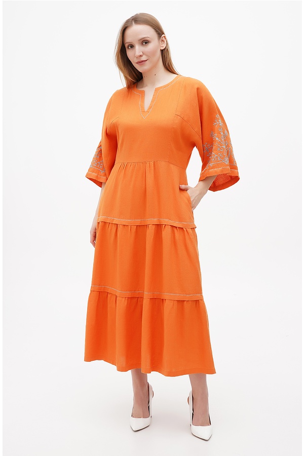 Orange “Boryslava” linen embroidered dress, 54