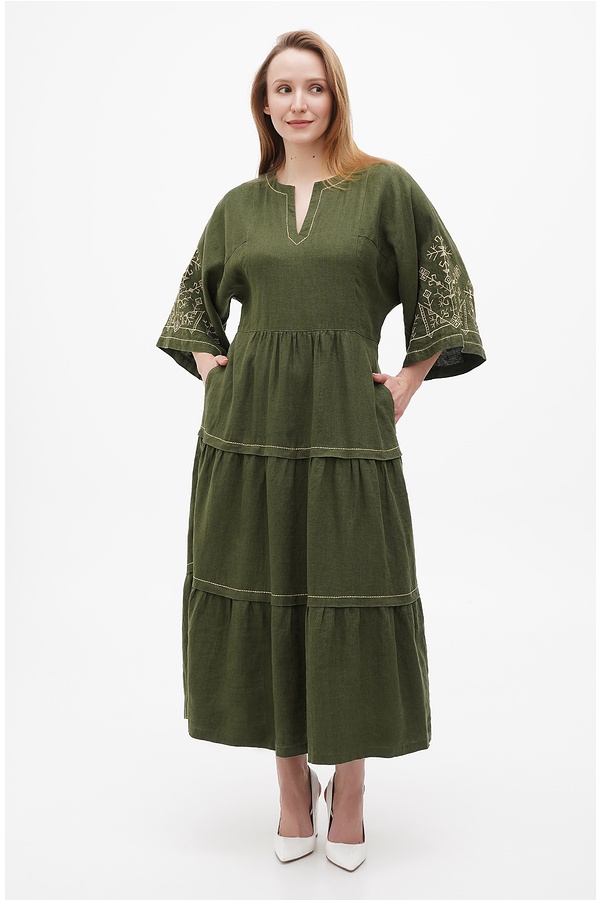 Embroidered linen dress “Boryslava” green, 54
