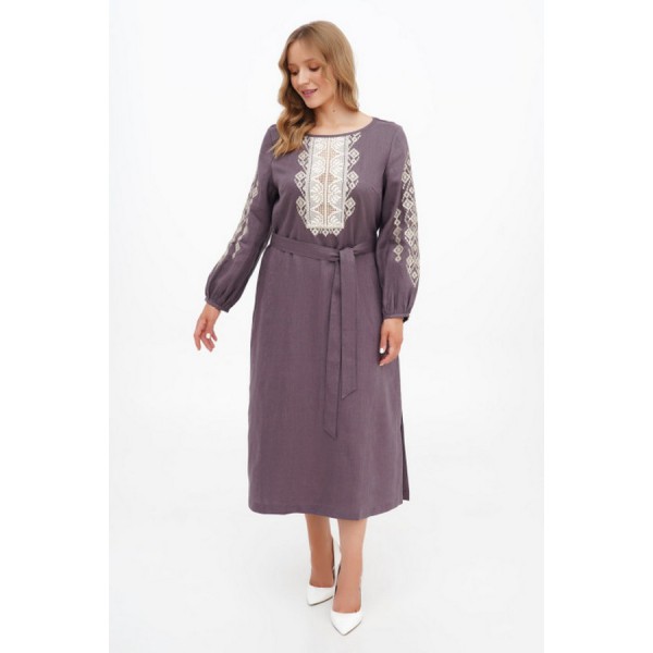 Women's brown linen dress with lace, Tira