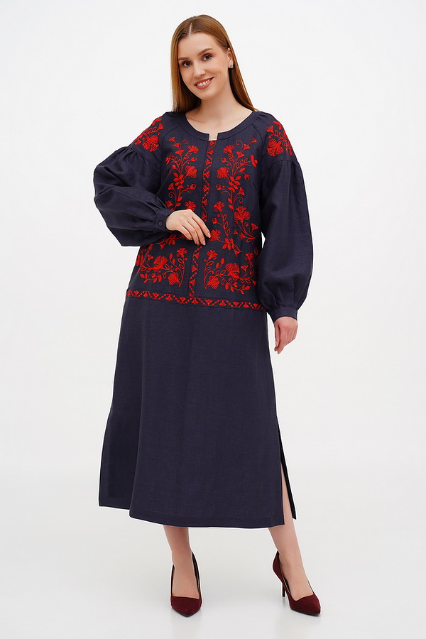 Embroidered dress Lyubystok dark blue linen