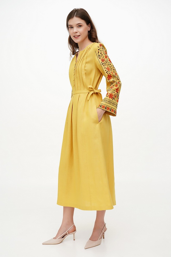 Women's dress with embroidery on the sleeves, Vlasta, yellow, 56