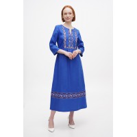 Млада длинное синее льняное платье