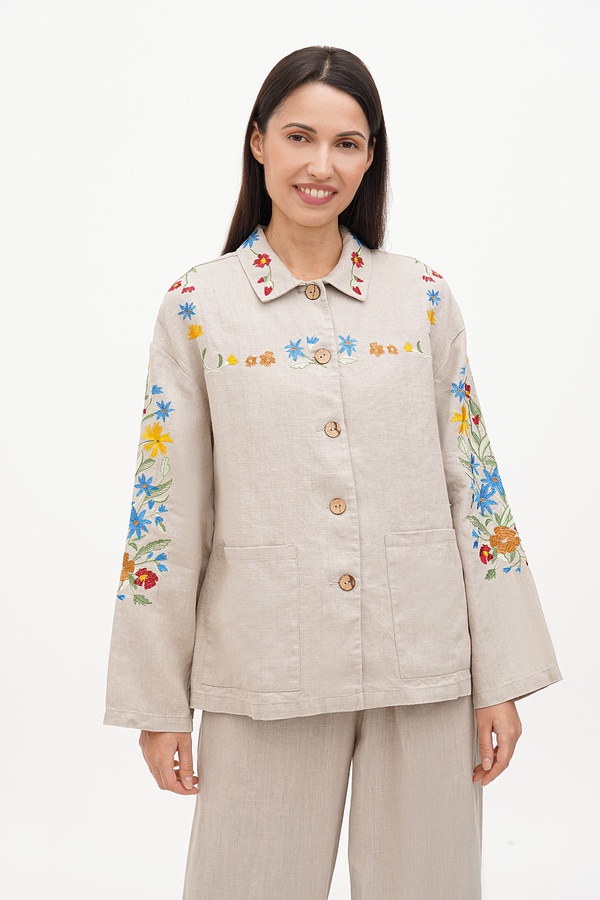 Grey linen jacket with Vyshyvanka embroidery