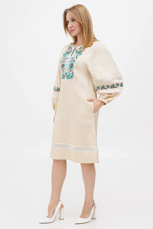 Areta gray long embroidered linen dress 