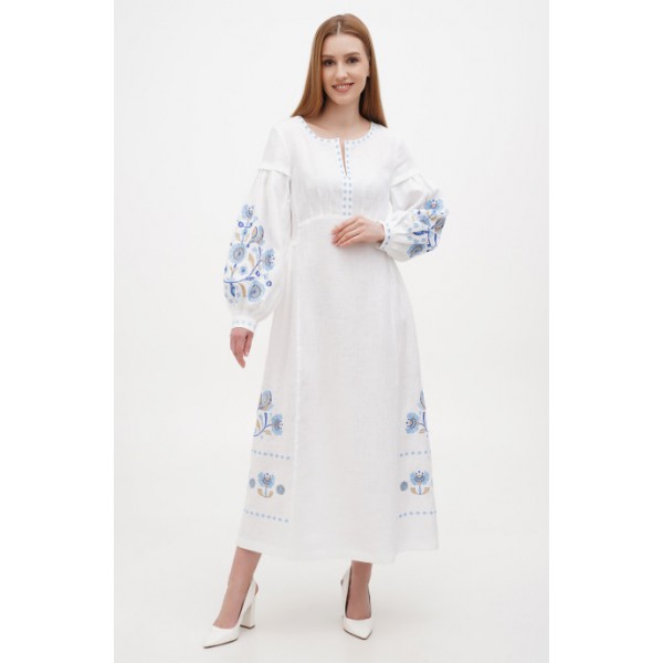 Long white embroidered dress with blue embroidery by Bohdan.