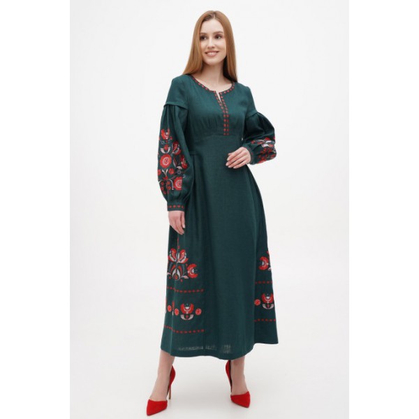 Dress embroidered long dark green Bogdana