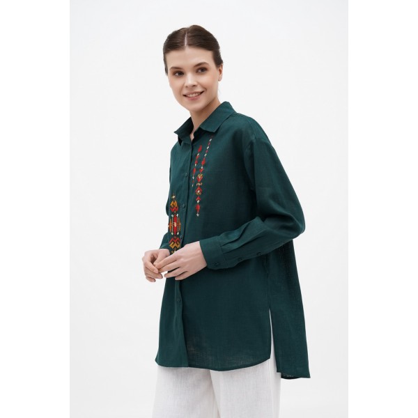 Linen women's embroidered shirt Domra dark green