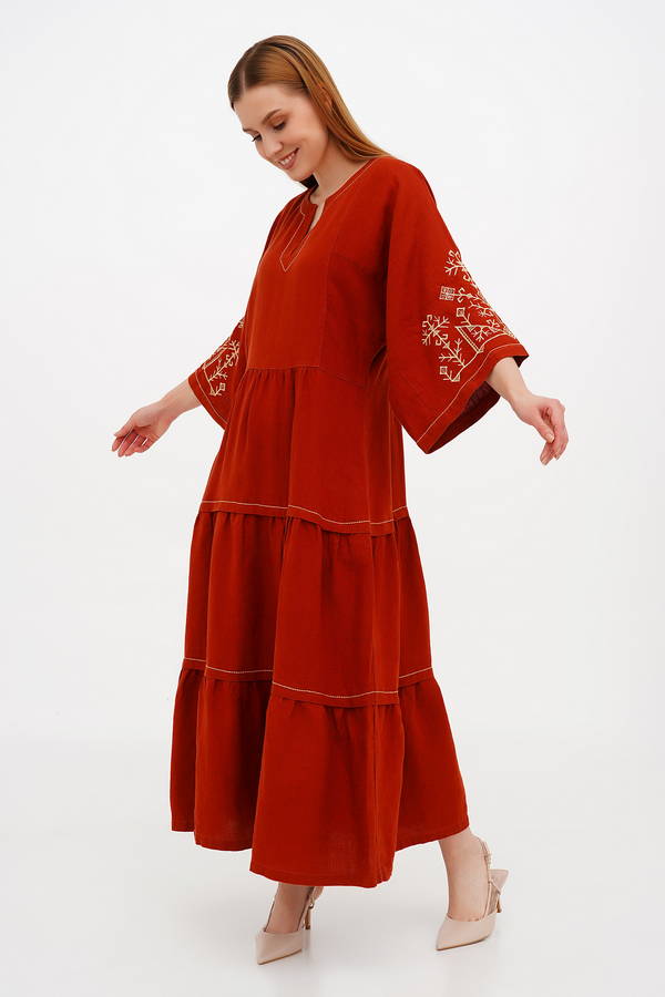 Dress, linen embroidered dress (vyshyvanka) “Boryslava”, terracotta, 52