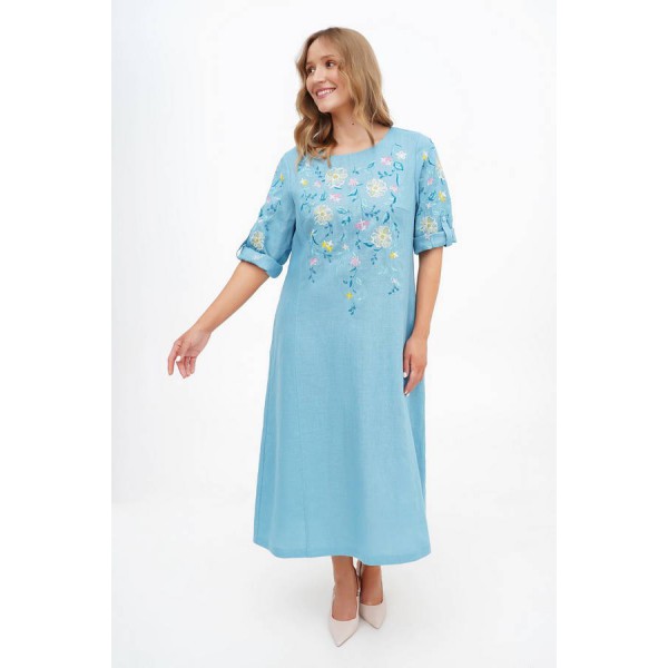 Ivanna blue linen embroidered women's dress