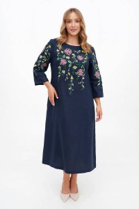 Ivanna blue linen embroidered women's dress