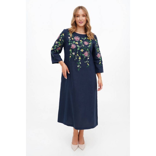 Ivanna blue linen embroidered women's dress