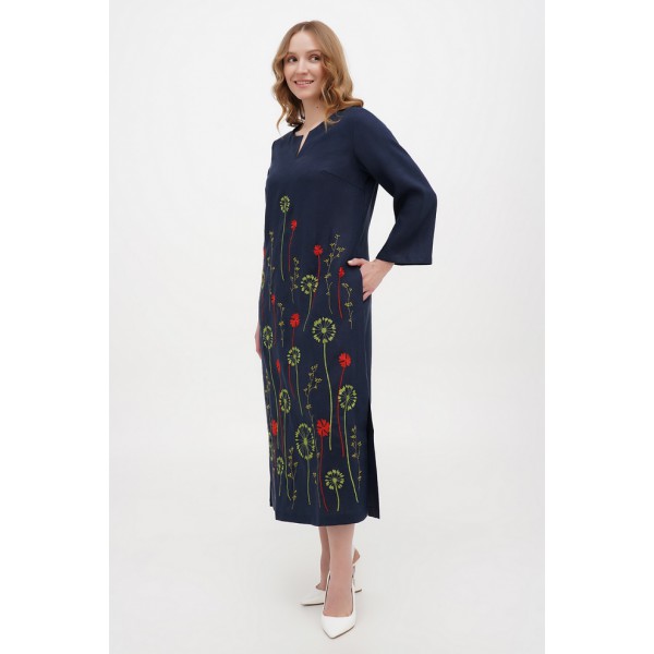 Long dark blue linen dress Jacqueline