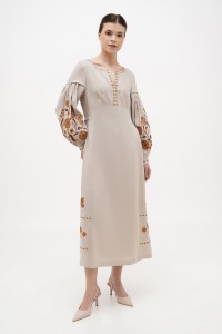 Long beige embroidered dress with brown embroidery by Bohdana