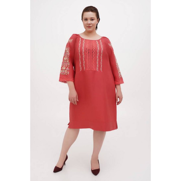 Verba. Women's dress embroidered from terracotta linen