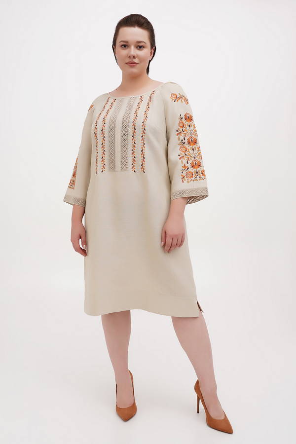 Women's embroidered dress (vyshyvanka) made of beige linen "Verba". Dress for plus- figures