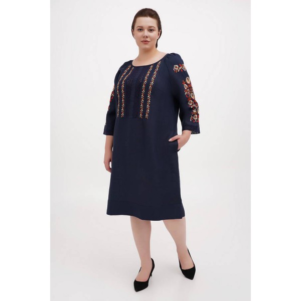 Verba. blue linen embroidered women's dress