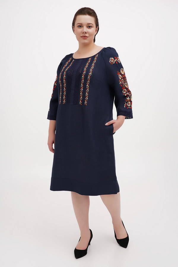 Women's plus- embroidered dress "Verba" in dark blue. Dress for plus- figures