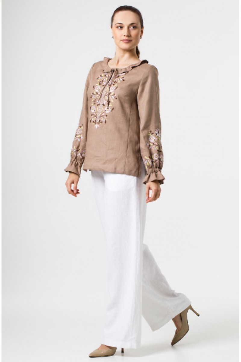 Жіноча коричнева льняна блузка-вишиванка Янка, розмір 48