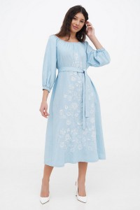 Dress made of blue linen with Krajana embroidery