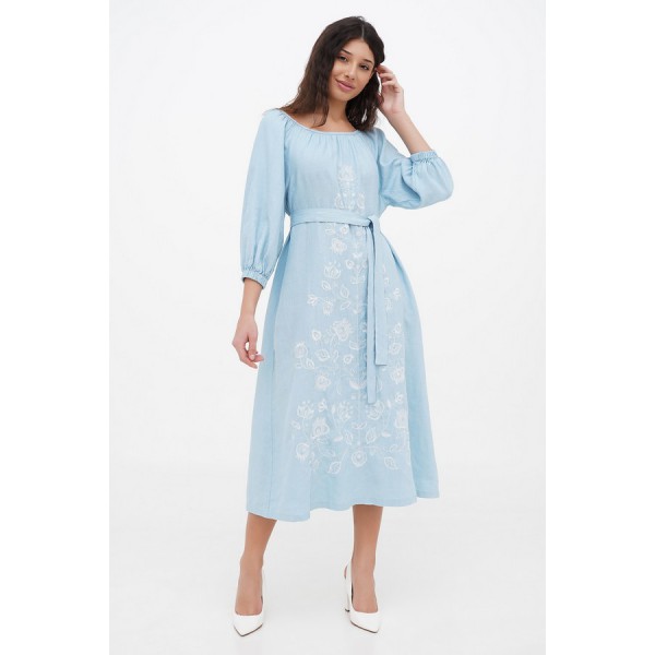 Dress made of blue linen with Krajana embroidery