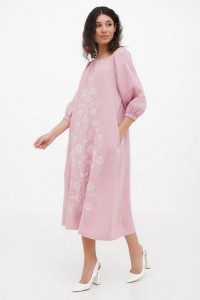 Dress made of pink linen with Krajana embroidery