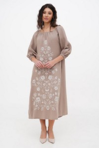 Dress made of brown linen with Krajana embroidery