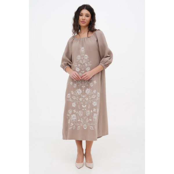 Dress made of brown linen with Krajana embroidery