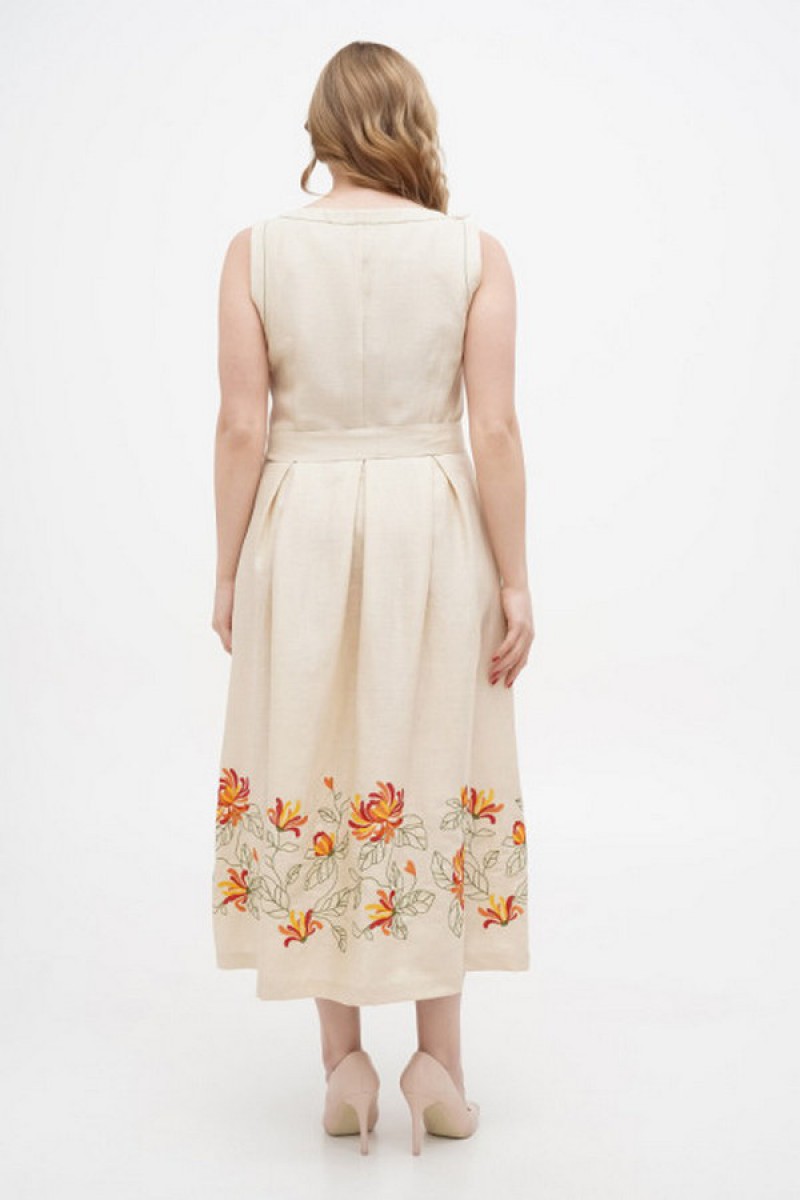 Dress made of beige linen with "Kvita" embroidery - sleeveless style with a fitted waist.