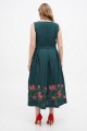 Linen green dress with "Kvita" embroidery - sleeveless style with a fitted waist.