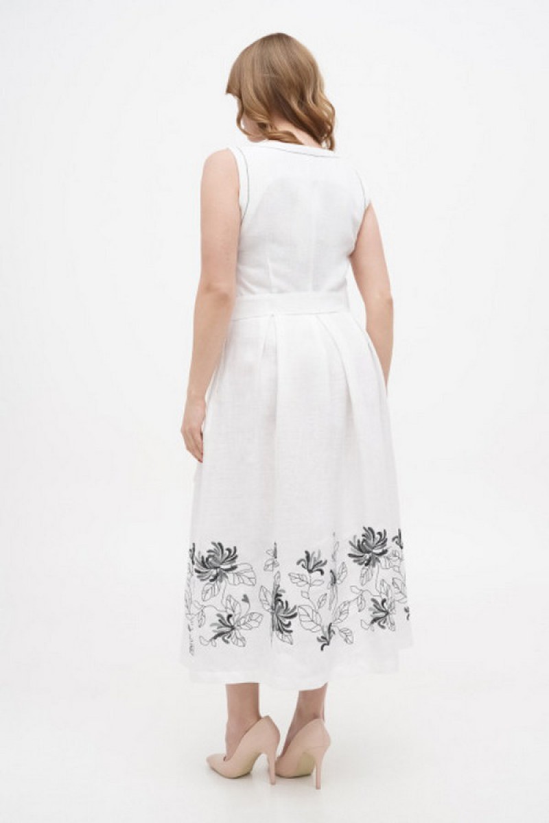 Dress made of white linen with "Kvita" embroidery - sleeveless style with a fitted waist.