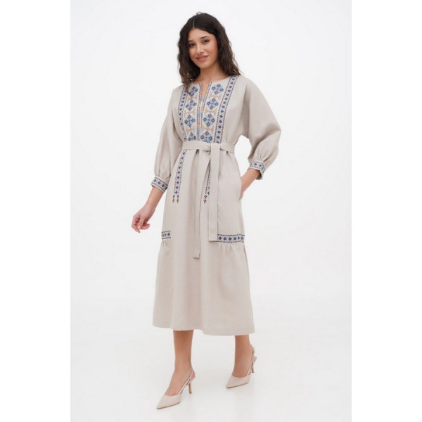 Dress made of beige linen with embroidery by Kvita