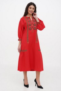 Dress made of red linen with Morika embroidery