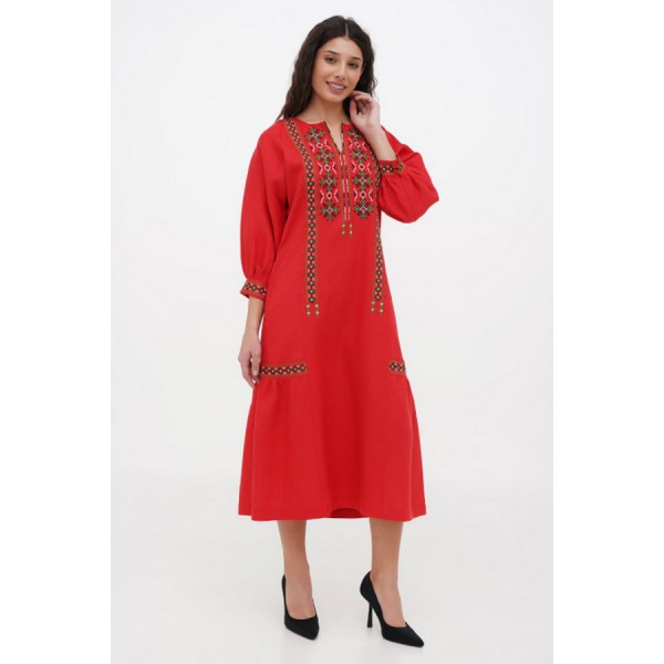 Dress made of red linen with Morika embroidery