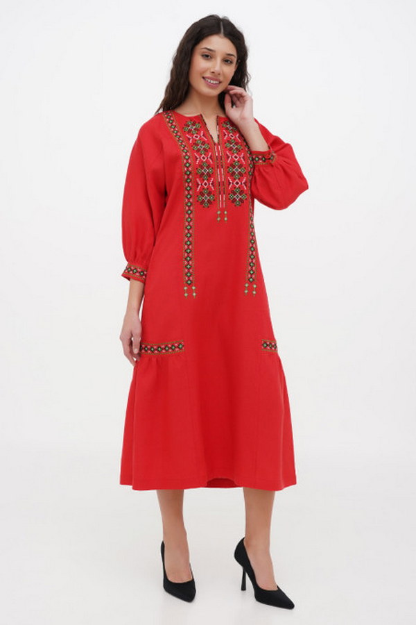 Red linen dress with Morika embroidery